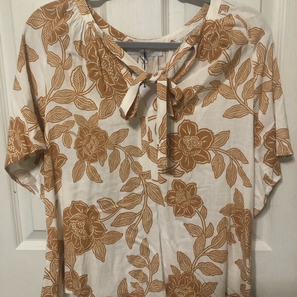 NWT Sugarlips Women's Cream Tie-Neck Floral Top in Brown